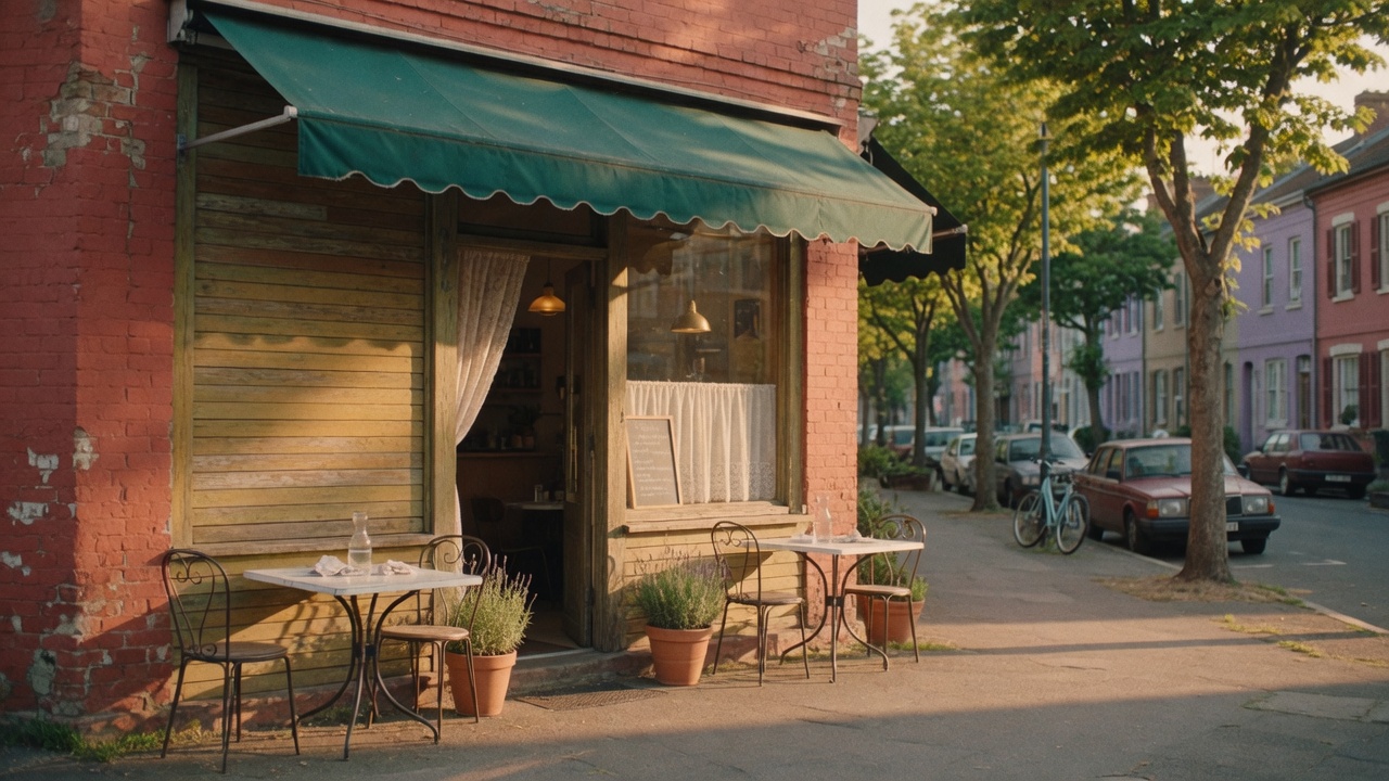 Example still of a neighborhood cafe at golden hour